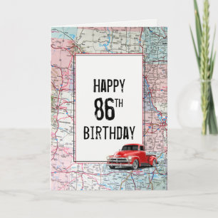 86. Geburtstag Rotes Retro-LKW auf Karte