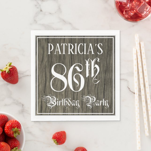 86th Birthday Party — Fancy Script, Faux Wood Look Serviette (Beispiel)