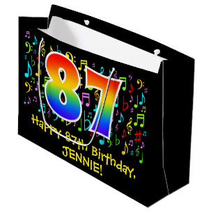 87. Geburtstag - Farbige Musiksymbole, Regenbogen  Große Geschenktüte