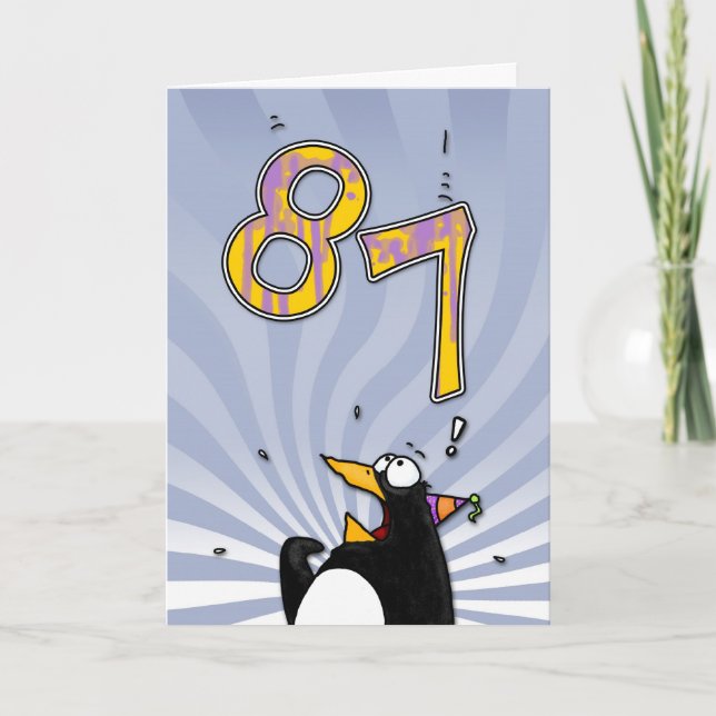 87. Geburtstag - Pinguin-Überraschungs-Karte Karte (Vorderseite)