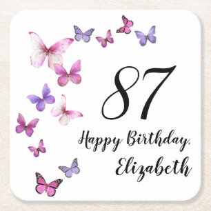 87. Geburtstag Pink Purple Schmetterlinge Rechteckiger Pappuntersetzer