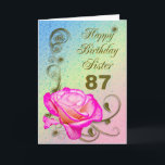 87. Geburtstagskarte der eleganten Rose für Karte<br><div class="desc">Eine elegante rosa Rose auf einem goldenen Rollearbeitshintergrund. Eine schöne Karte,  die sicher ist,  Ihrer Schwester auf ihrem 87. Geburtstag zu gefallen.</div>