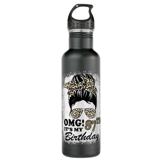 87 Jahre alt Messy Bun Leopard OMG Es ist mein 87. Edelstahlflasche (Vorderseite)