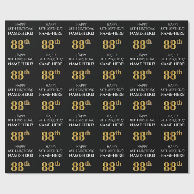 88. Geburtstag: Elegant, schwarz, Imitate Gold Loo Geschenkpapier (Flach)