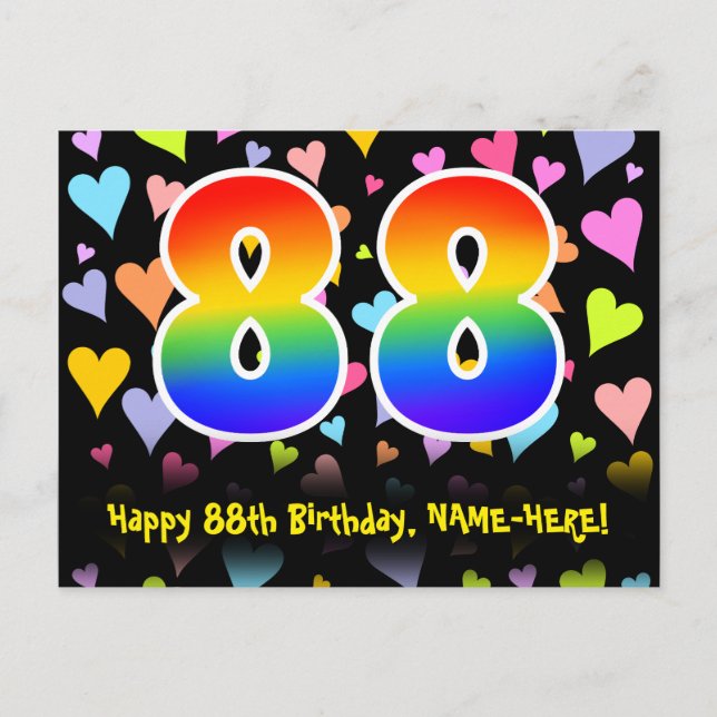 88. Geburtstag: Lustiges Herzen-Muster, Regenbogen Postkarte (Vorderseite)