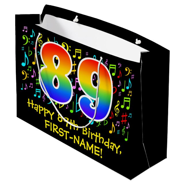 89. Geburtstag - Farbige Musiksymbole, Regenbogen  Große Geschenktüte (Rückseite Schrägansicht)