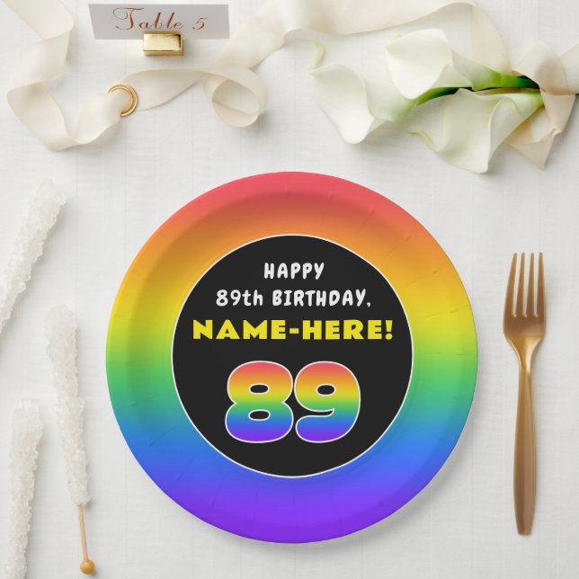 89. Geburtstag: Farbiger Regenbogen # 89, Individu Pappteller (Hochzeit)
