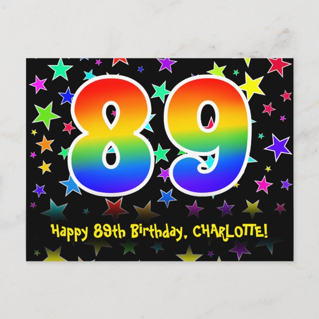 89. Geburtstag: Fun Stars Pattern, Regenbogen 89,  Postkarte (Vorderseite)
