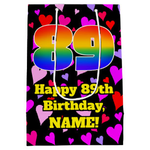 89. Geburtstag: Loving Hearts Pattern, Regenbogen Mittlere Geschenktüte