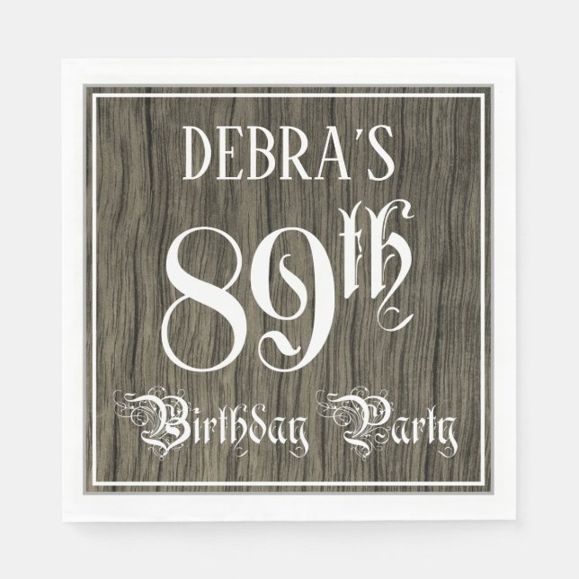 89th Birthday Party — Fancy Script, Faux Wood Look Serviette (Vorderseite)