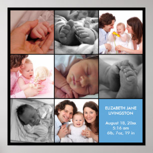 8 Baby-Foto-Moderne Collage blaue schwarze Umrandu Poster