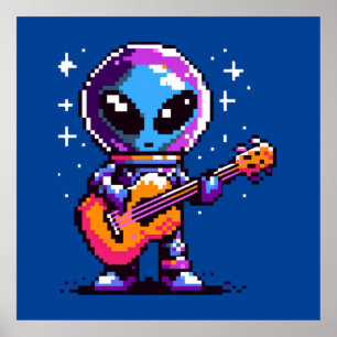 8-Bit-Alien-Gitarrist - Retro Pixel Space Music Poster