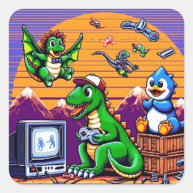 8-Bit-Dinosaurier spielen Videospiele Quadratischer Aufkleber (Vorderseite)