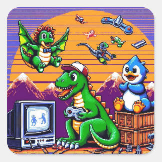 8-Bit-Dinosaurier spielen Videospiele Quadratischer Aufkleber