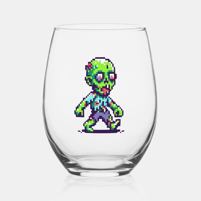 8-Bit lustiges Zombie Halloween Weinglas Ohne Stiel (Rückseite)
