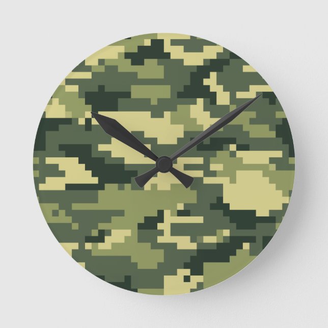 8 Bit Pixel Digital Woodland Camouflage / Camoufla Runde Wanduhr (Vorderseite)