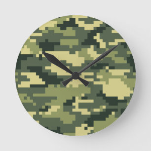 8 Bit Pixel Digital Woodland Camouflage / Camoufla Runde Wanduhr