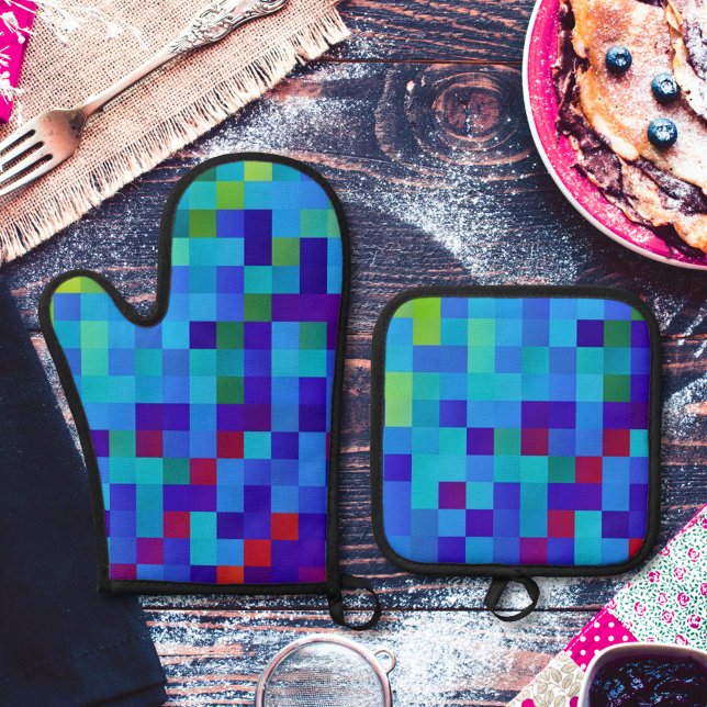 8-Bit Pixel Muster Abstrakt Cool Geeky Blue Red Ofenhandschuh & Topflappen-Set (Von Creator hochgeladen)