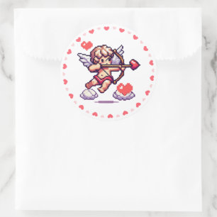8 bit Valentinstag Retrocupid Runder Aufkleber