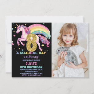 8. Einhorn Geburtstag Einladungen Schwarz mit Foto