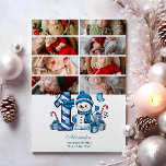 8 Foto Blue Snowman Erster Weihnachtsmann Feiertagskarte<br><div class="desc">Feiern Sie die erste Urlaubssaison Ihres Kleinen mit diesem fröhlichen Winterdesign mit einer blauen karierten Zahl,  einem bezaubernden Schneemann und verstreuten Bonbons und Geschenken. Passen Sie es mit dem Foto und den Geburtsdetails Ihres Babys an,  um einen Sake zu schaffen,  der Ihren Erinnerungen Charme und Magie verleiht.</div>