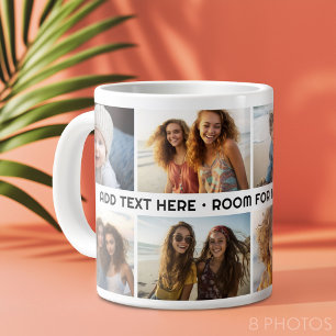 8-Foto-Collage 1 Textzeile -- Farbe editierbar Jumbo-Tasse