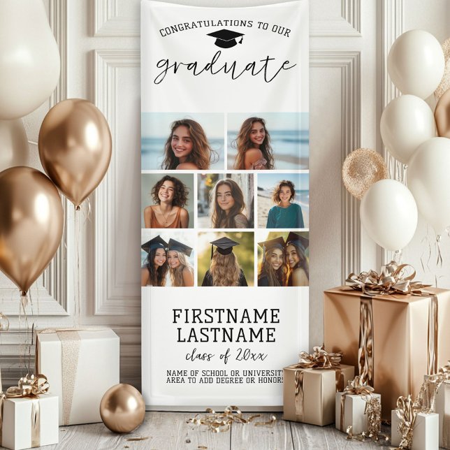 8 Foto Collage Abschluss Moderner Minimaler Weißer Banner (Custom Graduation Photo Banner - Great backdrop and Graduation Party Decoration)