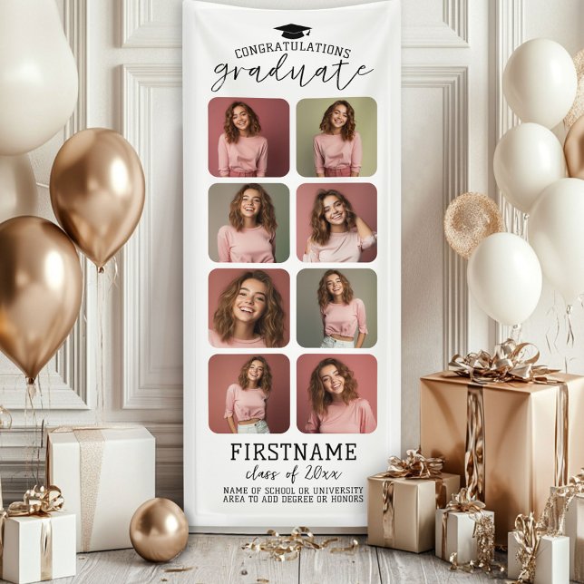8 Foto Collage Abschluss Moderner Minimaler Weißer Banner (Custom Graduation Photo Banner - Great backdrop and Graduation Party Decoration)