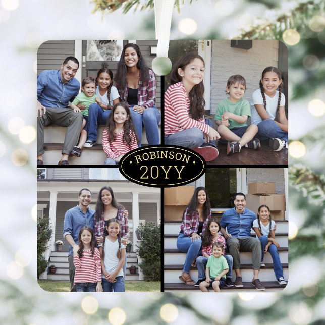 8 Foto Collage Familienname Elegant Black and Gold Ornament Aus Metall (Von Creator hochgeladen)