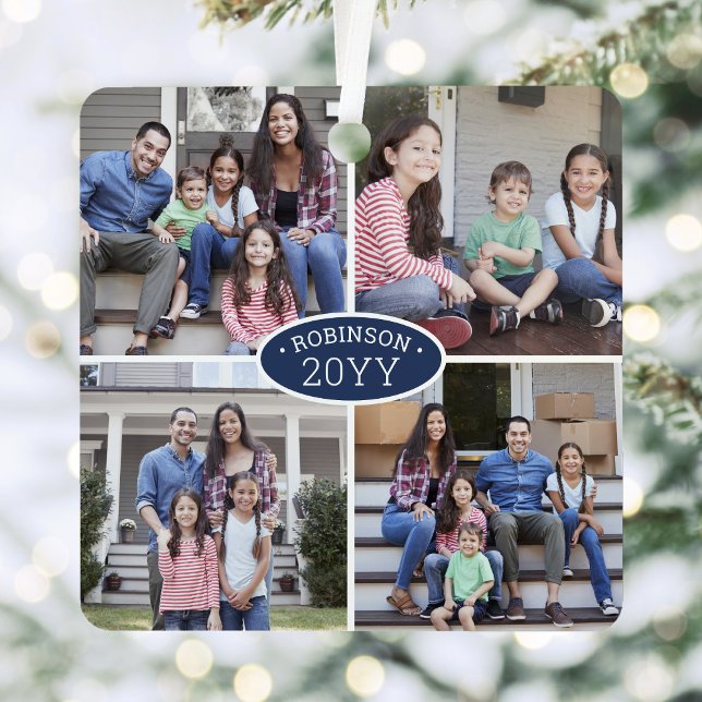 8 Foto Collage Familienname & Year Navy Blue White Ornament Aus Metall (Von Creator hochgeladen)