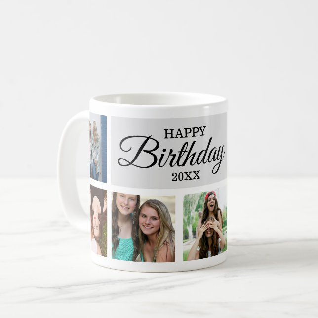 8 Foto Collage Happy Birthday Coffee Tasse (Vorderseite Links)
