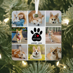 8 Foto-Collage Ich liebe meinen Hund Herz Pfotenab Ornament Aus Metall