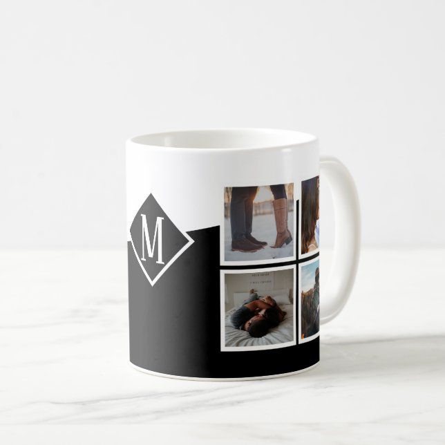 8 Foto Collage Instagram Mit Monogramm Black Kaffeetasse (VorderseiteRechts)