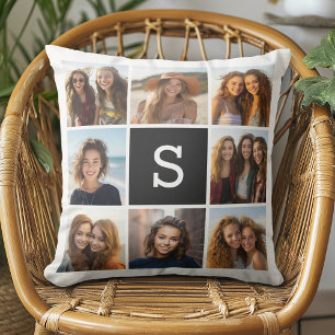8 Foto-Collage mit schwarzem weißen Monogramm Kissen