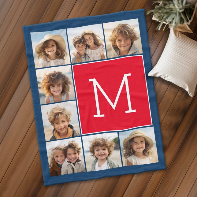 8 Foto Collage Monogram - Blau und Rot Fleecedecke (Personalized fleece blanket with 8 photos and a monogram)