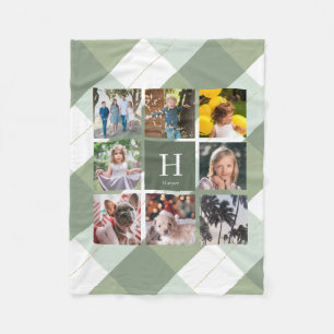 8 Foto Collage Monogram Sage Green Gingham Kariert Fleecedecke