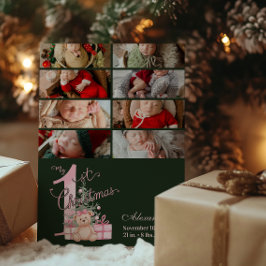 8 Foto Pink Green Baby First Christmas Feiertagskarte