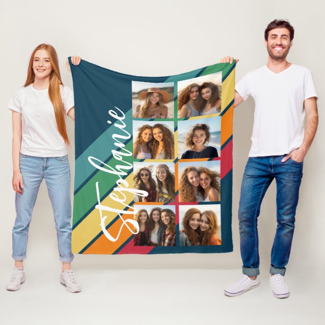 8 Foto Retro Strip Muster Regenbogenmonogramm Fleecedecke (Beispiel)