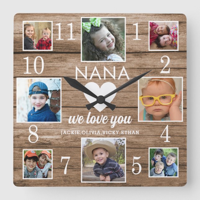 8 Foto Rustikales Stallholz Liebe You Nana Grandki Quadratische Wanduhr (Vorderseite)