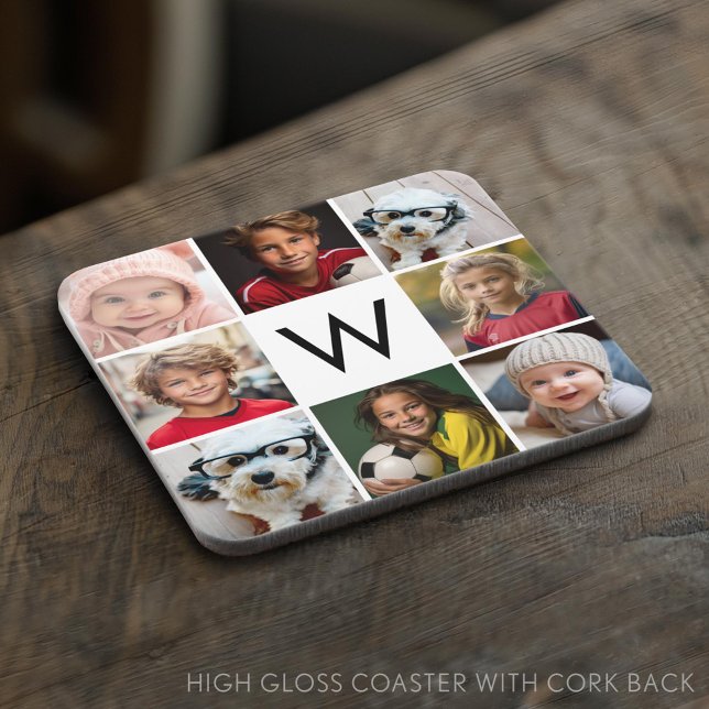 8 FotoCollage Custom Monogram Black and White Getränkeuntersetzer (Custom Coaster)