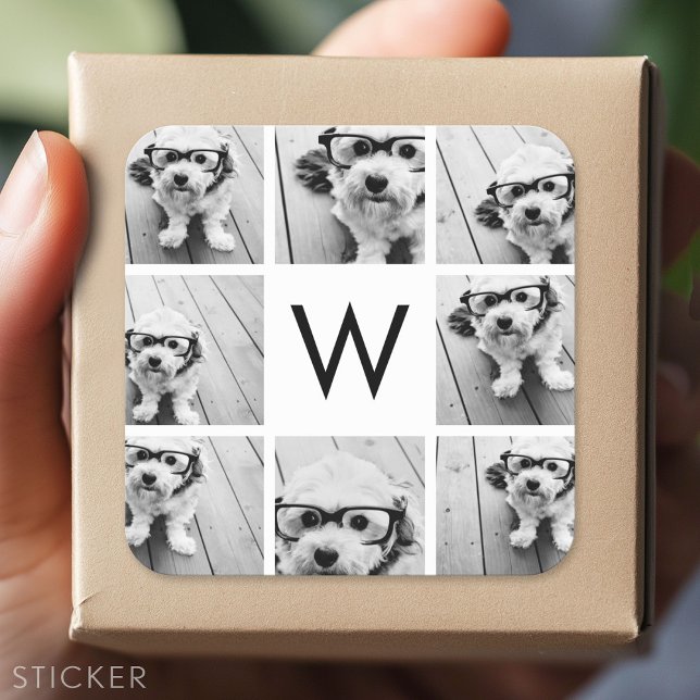 8 FotoCollage Custom Monogram Black and White Quadratischer Aufkleber (Custom Sticker - Personalize with your info for a party favor or gift)