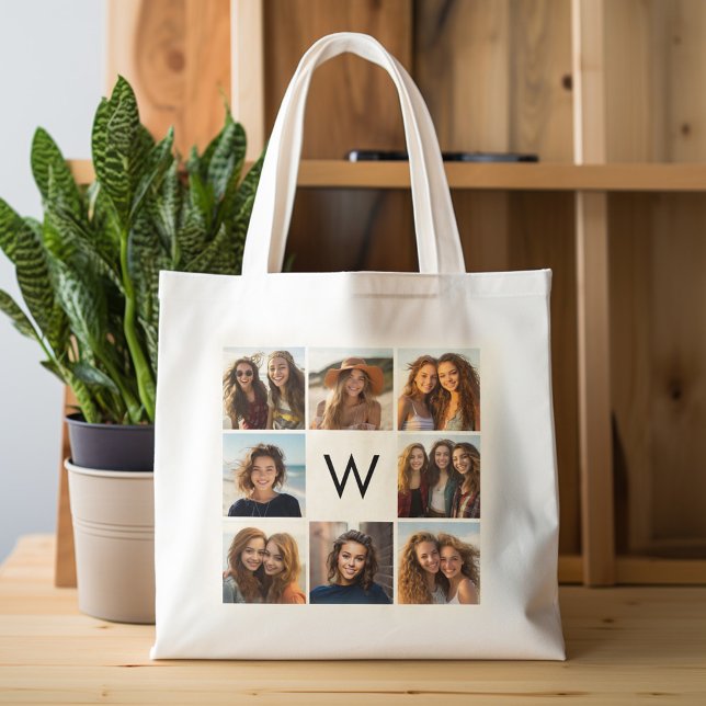 8 FotoCollage Custom Monogram Black and White Tragetasche (Personalized tote bag with photos and monogram)