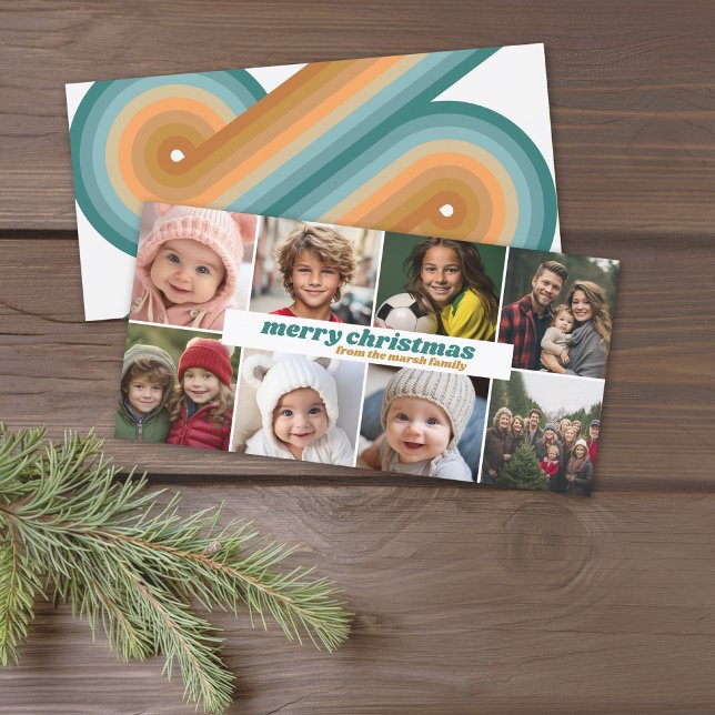 8 FotoCollage - Frohe Weihnachten Retro Streifen (Trendy Retro Stripe Christmas Card with 8 Photo Collage.)