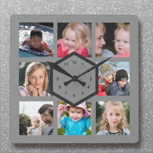 8 FotoCollage Grau Square Wall Clock Quadratische Wanduhr (Von Creator hochgeladen)