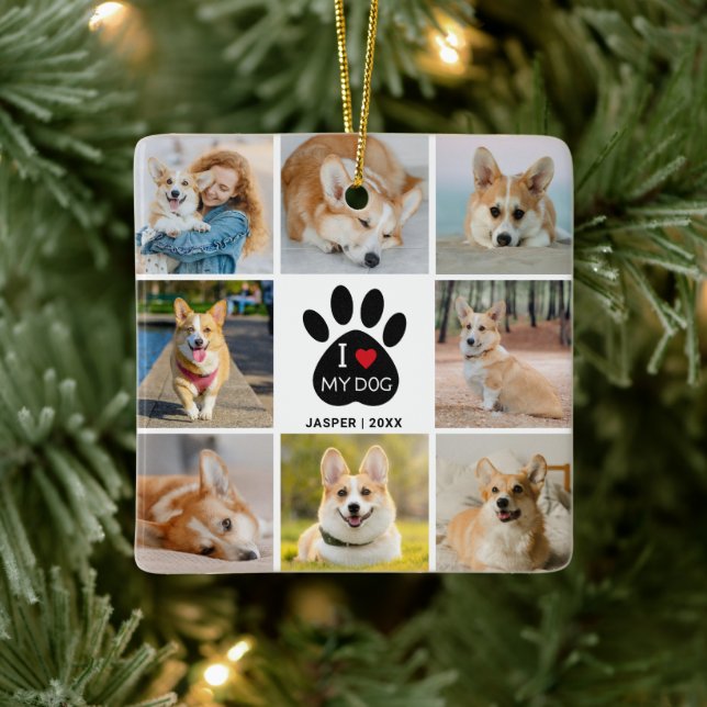 8 FotoCollage I Liebe Mein Hund Herzklopfen drucke Keramikornament (Baum)