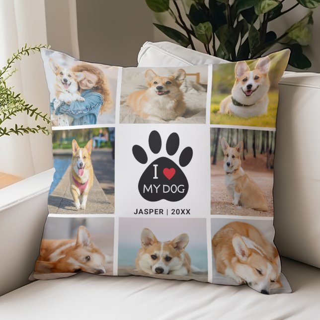 8 FotoCollage I Liebe Meine Dog Paw Print Kissen (8 Photo Collage, Add Name and Year, I Love My Dog Pillow)