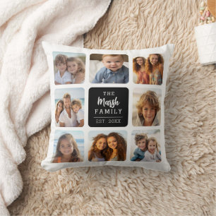 8 FotoCollage mit Familienname in Mittel - Schwarz Kissen