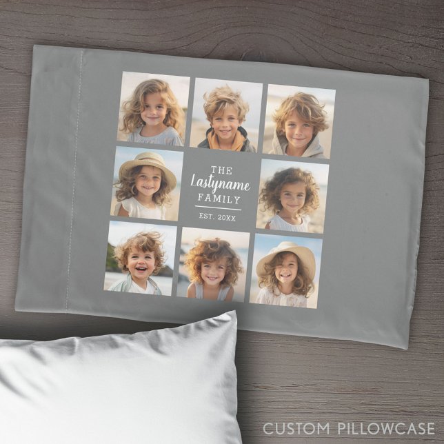 8 FotoCollage mit Grau-Mitte-Textbereich Kissenbezug (Create Your Own Photo Collage Pillowcase)