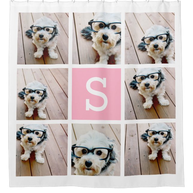 8 FotoCollage mit Single Pink Monogramm Duschvorhang (Vorderseite)