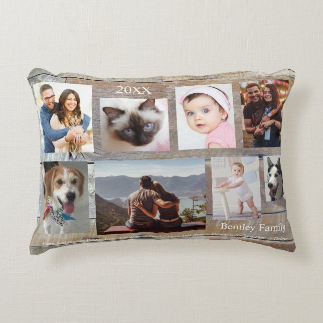 8 Fotos, Holzkörner, Name und Jahr der DIY-Familie Dekokissen (Vorderseite)